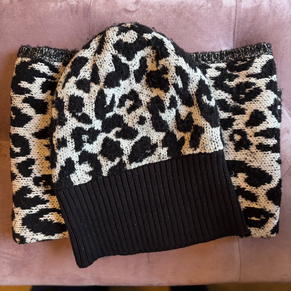 Rebecca Taylor Matching Leopard Print Beanie and Infinity Scarf